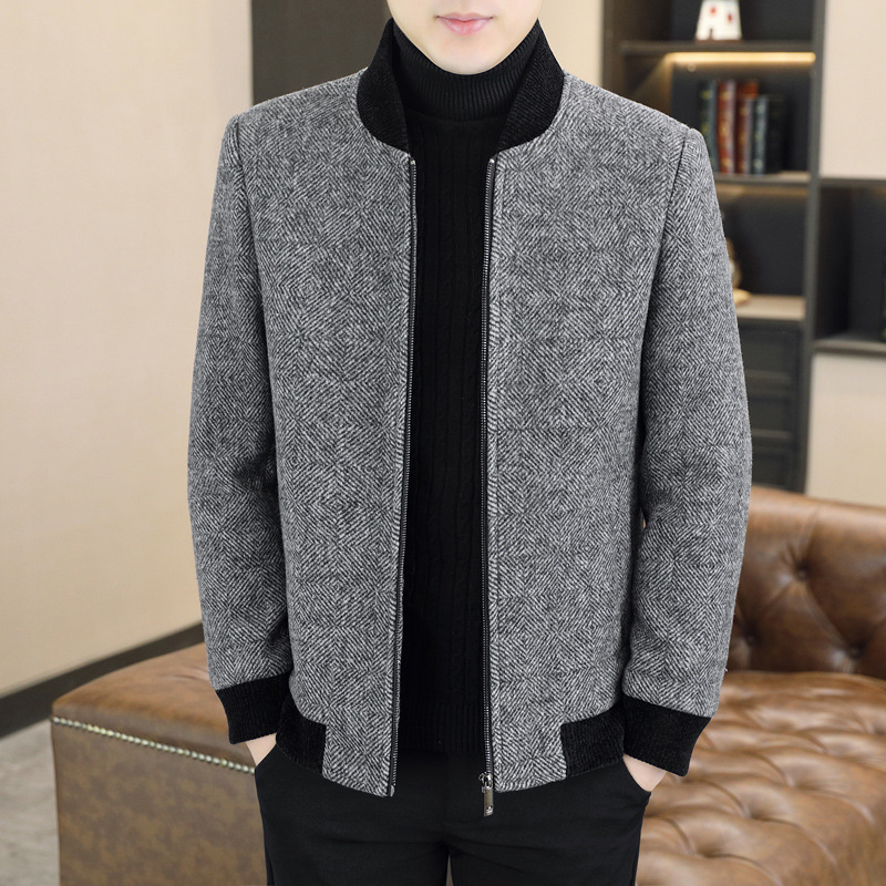 Men's Business Casual Padded Thick Stand Collar Zipper Woolen Jacket