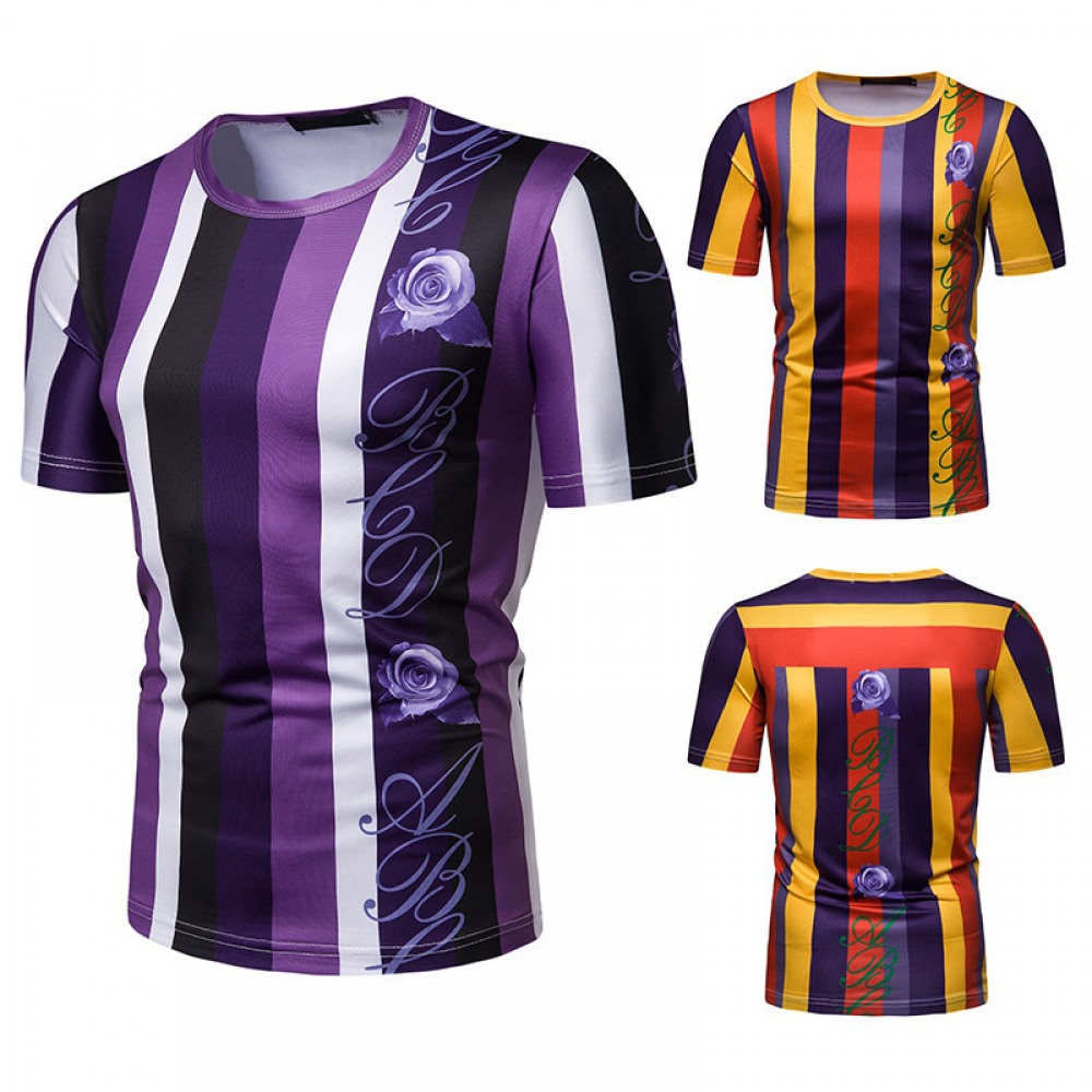 New Summer Men's Short-Sleeved T-Shirt Contrast Striped Slim Casual T-Shirt