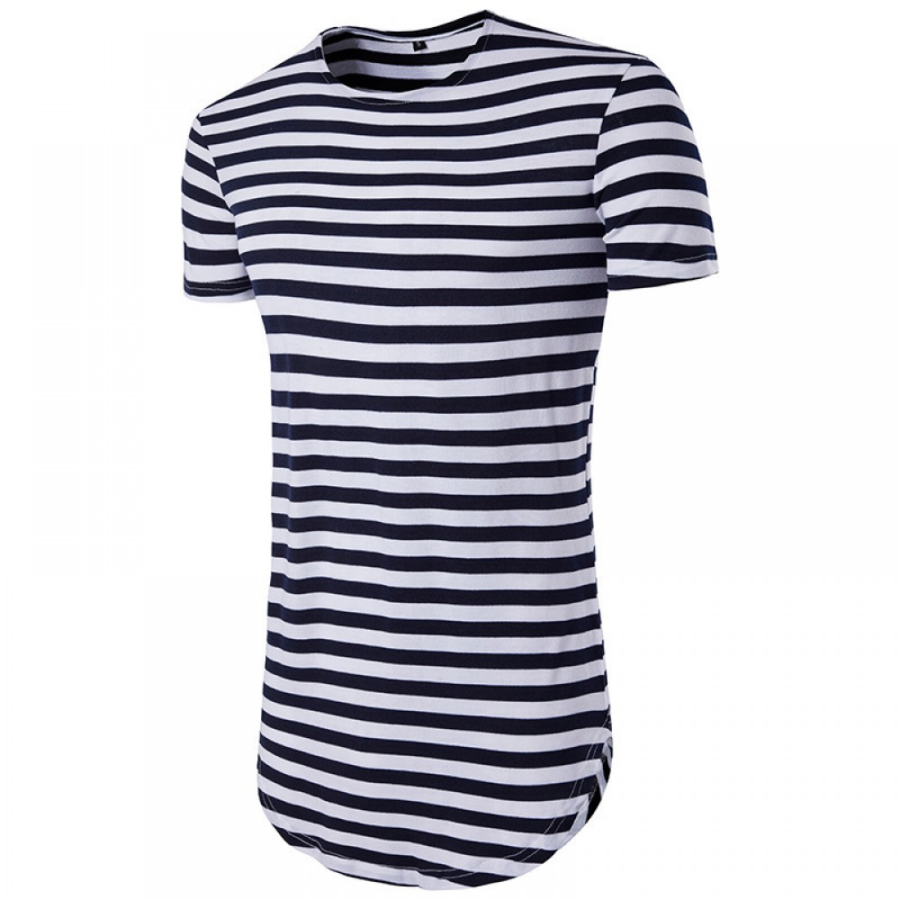 Hip Hop High Street Summer Men's Round Hem High Street Striped Long Short Sleeve T-Shirt